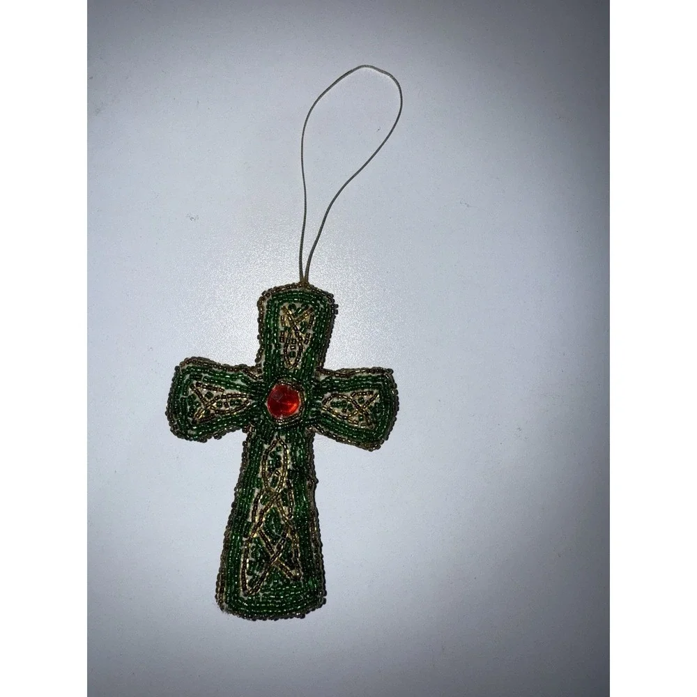 Vintage Double Sided Glass Beaded Red Cross Pillow‎ Ornament P